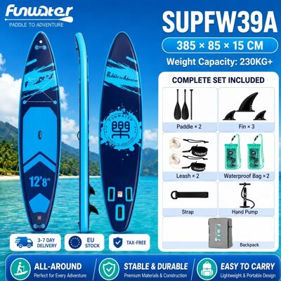 Planche de SUP gonflable Funwater Supfw39A 385X85X15Cm, charge 230kg, adulte, deux personnes, avec 2 pagaies réglables, 3 ailerons, 2 sangles de sécurité, 2 sacs étanches, support pour caméra, sangle, - Publicité Planche de SUP gonflable Funwater Supfw39A 385X85X15Cm, charge 230kg, adulte, deux personnes, avec 2 pagaies réglables, 3 ailerons, 2 sangles de sécurité, 2 sacs étanches, support pour caméra, sangle, - Publicité