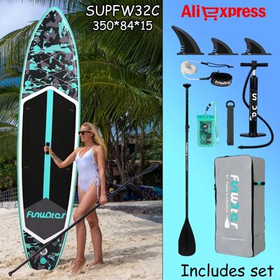 Planche de paddle gonflable ultra-légère Funwater SUPFW32C, dimensions 350*84*15, matériau PVC, sports nautiques pour adultes, yoga, pêche, voyage, surf en mer, planche de paddle antidérapante. Publicité Planche de paddle gonflable ultra-légère Funwater SUPFW32C, dimensions 350*84*15, matériau PVC, sports nautiques pour adultes, yoga, pêche, voyage, surf en mer, planche de paddle antidérapante. Publicité
