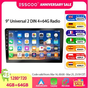 ESSGOO Autoradio 9" 2 DIN, CarPlay sans fil, Android Auto, Android 14, Bluetooth, écran tactile, 4+64G, GPS, navigation, RDS, WiFi, USB, FM, DAB+, caméra, unité principale. Publicité ESSGOO Autoradio 9" 2 DIN, CarPlay sans fil, Android Auto, Android 14, Bluetooth, écran tactile, 4+64G, GPS, navigation, RDS, WiFi, USB, FM, DAB+, caméra, unité principale. Publicité