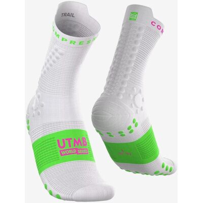 Chaussettes Compressport Pro Racing v4.0 Trail - UTMB 2026 blanc vert fuchsia - T1 - Publicité Chaussettes Compressport Pro Racing v4.0 Trail - UTMB 2026 blanc vert fuchsia - T1 - Publicité