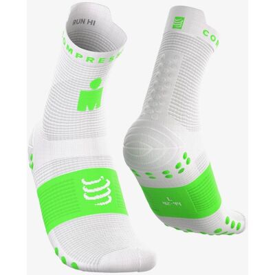 Chaussettes Compressport Pro Racing v4.0 Run High Ironman 2026 blanc vert fluo - T3 - Publicité Chaussettes Compressport Pro Racing v4.0 Run High Ironman 2026 blanc vert fluo - T3 - Publicité