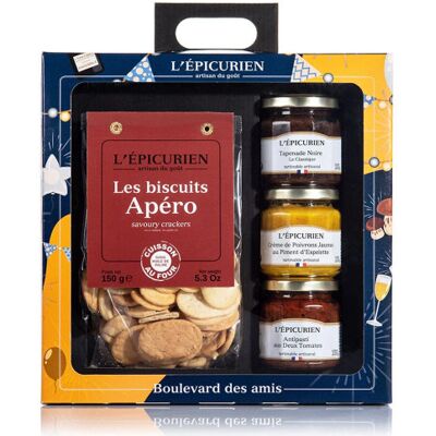 Coffret l'épicurien entre amis - 3 tartinables + 150g de biscuits apéro - Publicité Coffret l'épicurien entre amis - 3 tartinables + 150g de biscuits apéro - Publicité