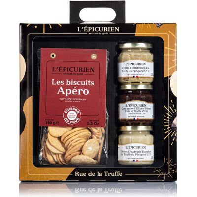 Coffret l'épicurien rue de la truffe - 3 tartinables + 150g de biscuits apéro - Publicité Coffret l'épicurien rue de la truffe - 3 tartinables + 150g de biscuits apéro - Publicité