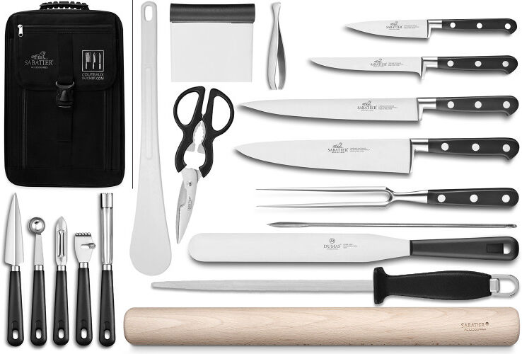 Sac spécial chef sabatier idéal inox 4 couteaux de cuisine français + 14 ustensiles - exclusivité