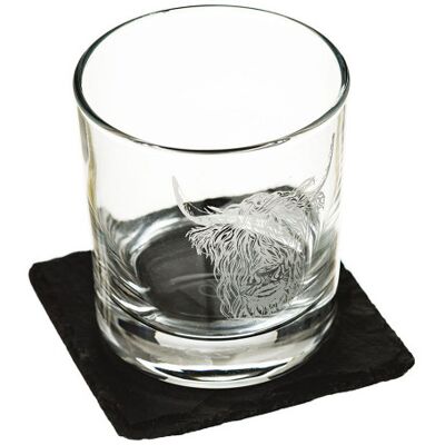 Verre à whisky avec dessous de verre selbrae house - motif vache - Publicité Verre à whisky avec dessous de verre selbrae house - motif vache - Publicité