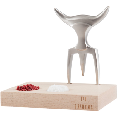 Fourchette à viande tridens en acier inox brossé avec socle en hêtre à empreinte - Publicité Fourchette à viande tridens en acier inox brossé avec socle en hêtre à empreinte - Publicité