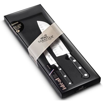 Coffret 2 couteaux français sabatier idéal inox 100% forgé santoku+office - Publicité Coffret 2 couteaux français sabatier idéal inox 100% forgé santoku+office - Publicité