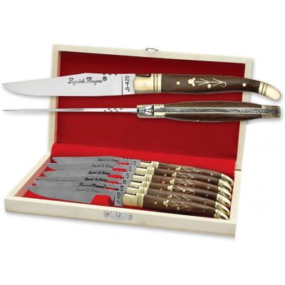 Coffret cadeau de 6 couteaux de table laguiole bougna manches palissandre - mitres laiton - Publicité Coffret cadeau de 6 couteaux de table laguiole bougna manches palissandre - mitres laiton - Publicité