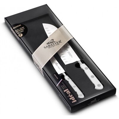Coffret 2 couteaux sabatier toque blanche 100% forgé office + santoku - Publicité Coffret 2 couteaux sabatier toque blanche 100% forgé office + santoku - Publicité