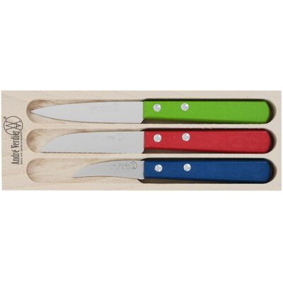 Coffret 3 couteaux à légumes andré verdier bec d'oiseau + stylet denté + office - Publicité Coffret 3 couteaux à légumes andré verdier bec d'oiseau + stylet denté + office - Publicité