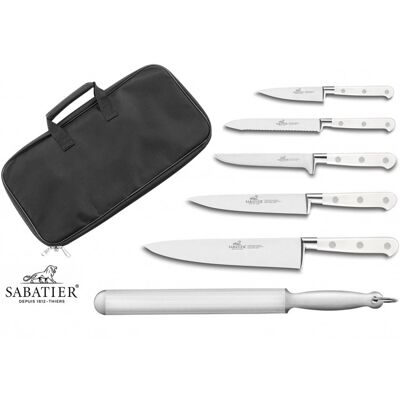 Mallette cuisine sabatier toque blanche 5 couteaux fabrication française + 1 fusil - Publicité Mallette cuisine sabatier toque blanche 5 couteaux fabrication française + 1 fusil - Publicité