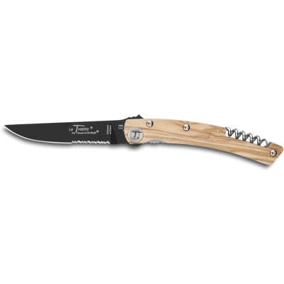 Couteau pliant lame noire dentée le thiers liner lock claude dozorme olivier 12,5cm - Publicité Couteau pliant lame noire dentée le thiers liner lock claude dozorme olivier 12,5cm - Publicité