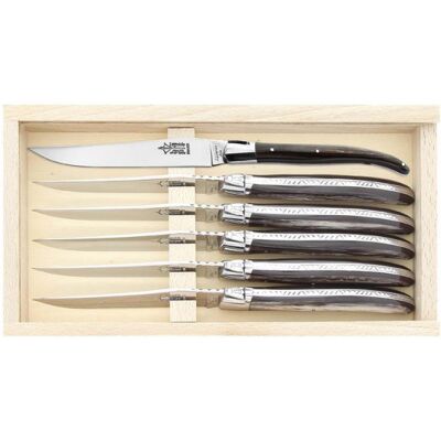 Laguiole G.David Coffret 6 couteaux laguiole arbalète g.david 21cm inox manche façon corne noire mitre inox - Publicité Laguiole G.David Coffret 6 couteaux laguiole arbalète g.david 21cm inox manche façon corne noire mitre inox - Publicité