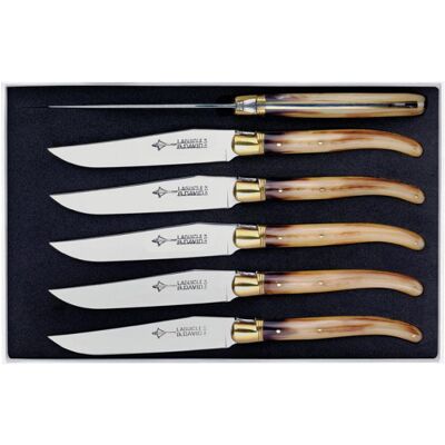 Laguiole G.David Coffret 6 couteaux de table laguiole arbalète g.david 21cm inox manche façon corne blonde - Publicité Laguiole G.David Coffret 6 couteaux de table laguiole arbalète g.david 21cm inox manche façon corne blonde - Publicité