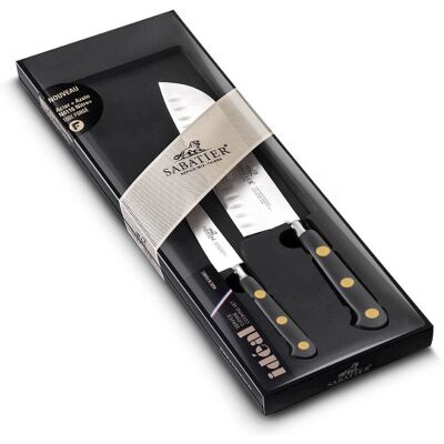 Coffret 2 couteaux sabatier idéal inox rivets laiton santoku 18cm + office - Publicité Coffret 2 couteaux sabatier idéal inox rivets laiton santoku 18cm + office - Publicité