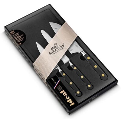 Coffret 3 couteaux sabatier idéal inox rivets laiton office + universel + mini santoku - Publicité Coffret 3 couteaux sabatier idéal inox rivets laiton office + universel + mini santoku - Publicité