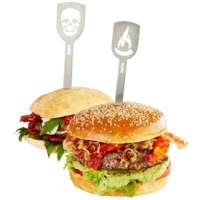 Set de 2 pics à burgers gefu torro motif tête de mort et flamme - Publicité Set de 2 pics à burgers gefu torro motif tête de mort et flamme - Publicité
