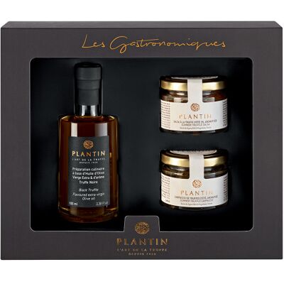 Coffret cadeau plantin apéritif autour de la truffe huile d'olives à la truffe noire + 2 verrines - Publicité Coffret cadeau plantin apéritif autour de la truffe huile d'olives à la truffe noire + 2 verrines - Publicité