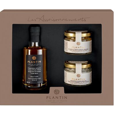 Coffret cadeau truffes plantin : huile d'olives à la truffe noire + 2 verrines aromatisées - Publicité Coffret cadeau truffes plantin : huile d'olives à la truffe noire + 2 verrines aromatisées - Publicité