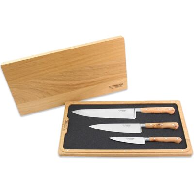 Coffret de 3 couteaux en genévrier laguiole en aubrac : office + universel + chef - Publicité Coffret de 3 couteaux en genévrier laguiole en aubrac : office + universel + chef - Publicité