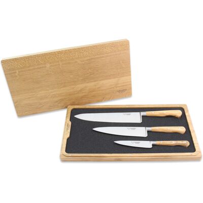 Coffret 3 couteaux en olivier laguiole en aubrac : office + universel + chef - Publicité Coffret 3 couteaux en olivier laguiole en aubrac : office + universel + chef - Publicité