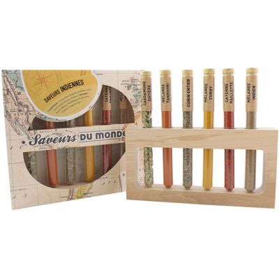 Coffret 6 épices en tube le monde en tube saveurs indiennes + support bois - Publicité Coffret 6 épices en tube le monde en tube saveurs indiennes + support bois - Publicité