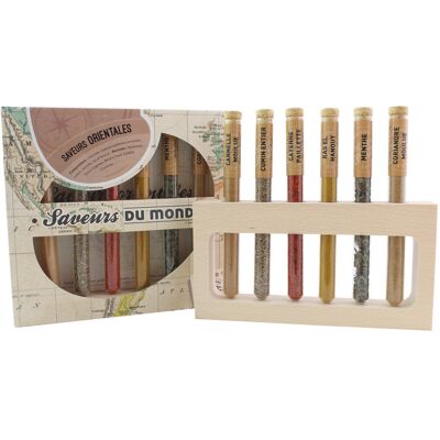 Coffret 6 épices en tube le monde en tube saveurs orientales + support bois - Publicité Coffret 6 épices en tube le monde en tube saveurs orientales + support bois - Publicité