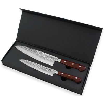 Coffret 2 couteaux de cuisine fukito rosewood damas 67 couches : universel + chef - Publicité Coffret 2 couteaux de cuisine fukito rosewood damas 67 couches : universel + chef - Publicité