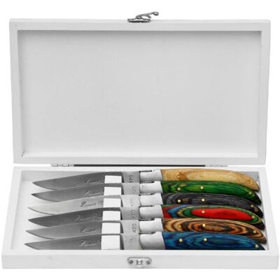 Coffret de 6 couteaux de table prestige laguiole bougna manches bois colorés - Publicité Coffret de 6 couteaux de table prestige laguiole bougna manches bois colorés - Publicité