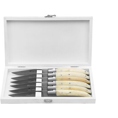 Coffret 6 couteaux de table prestige laguiole bougna manches en os ouvragés - Publicité Coffret 6 couteaux de table prestige laguiole bougna manches en os ouvragés - Publicité