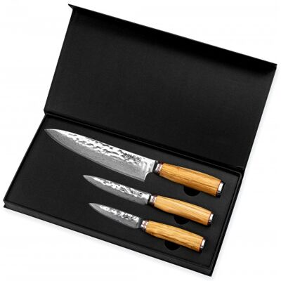 Coffret 3 couteaux wusaki damas 10cr olivier chef + universel + office - Publicité Coffret 3 couteaux wusaki damas 10cr olivier chef + universel + office - Publicité