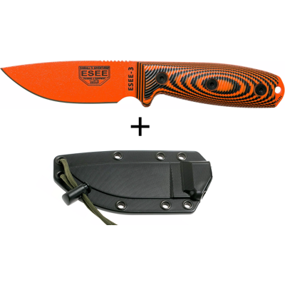 Couteau esee 3 3pmor-006 lame acier carbone 8,8cm manche g10 noir et orange + étui - Publicité Couteau esee 3 3pmor-006 lame acier carbone 8,8cm manche g10 noir et orange + étui - Publicité