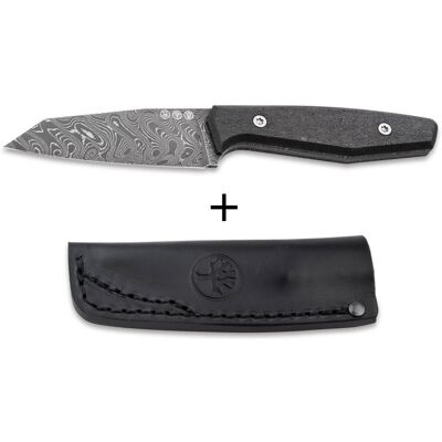 Boker Couteau böker ak1 damas 122509dam lame damassée 7,9cm manche en carbone + étui en cuir - Publicité Boker Couteau böker ak1 damas 122509dam lame damassée 7,9cm manche en carbone + étui en cuir - Publicité