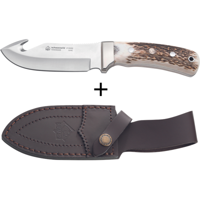 Couteau puma ip schwarzwild 338212 lame guthook 12cm manche bois de cerf + étui en cuir - Publicité Couteau puma ip schwarzwild 338212 lame guthook 12cm manche bois de cerf + étui en cuir - Publicité