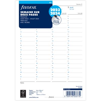 Recharge scolaire 2023/2024 semaine/2 pages - Format A5 - Filofax - Blanc - Publicité Recharge scolaire 2023/2024 semaine/2 pages - Format A5 - Filofax - Blanc - Publicité