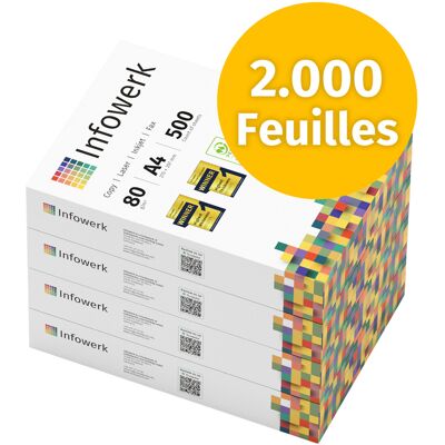 Infowerk Papier pour imprimante Papier à copier 2000 feuilles 4 x 500 A4 80g Premium extra-blanc CIE 160 Vainqueur du test 100% PEFC Certificat environnemental - Publicité Infowerk Papier pour imprimante Papier à copier 2000 feuilles 4 x 500 A4 80g Premium extra-blanc CIE 160 Vainqueur du test 100% PEFC Certificat environnemental - Publicité
