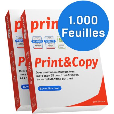print24 Papier pour imprimante Papier à copier 1000 feuilles 2 x 500 A4 80g Premium extra-blanc CIE 160 Vainqueur du test 100% PEFC Certificat environnemental - Publicité print24 Papier pour imprimante Papier à copier 1000 feuilles 2 x 500 A4 80g Premium extra-blanc CIE 160 Vainqueur du test 100% PEFC Certificat environnemental - Publicité