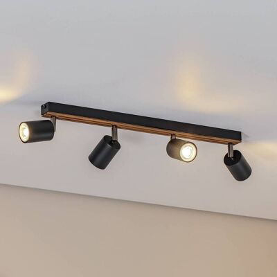 Spot pour plafond Tino, noir/bois, à 4 lampes, 60 cm Tino Luminex, dimmable, noir, Salon / Salle à manger, Métal, Projecteur halogène - Publicité Spot pour plafond Tino, noir/bois, à 4 lampes, 60 cm Tino Luminex, dimmable, noir, Salon / Salle à manger, Métal, Projecteur halogène - Publicité