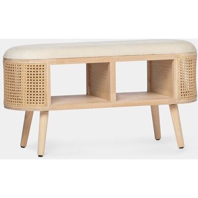 Banc en velours beige et rotin naturel Chela - Publicité Banc en velours beige et rotin naturel Chela - Publicité