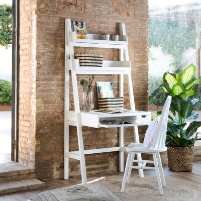 Bassay bureau en bois laqué blanc avec tiroirs et étagère - Publicité Bassay bureau en bois laqué blanc avec tiroirs et étagère - Publicité