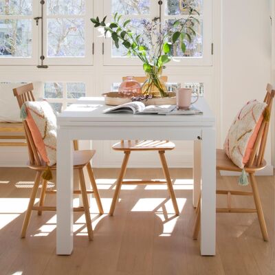 Blay table à manger carrée extensible 90/180 en bois laqué blanc - Publicité Blay table à manger carrée extensible 90/180 en bois laqué blanc - Publicité