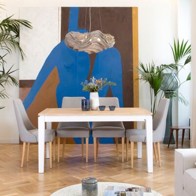 Vilna table à manger rectangulaire extensible 150/200 en bois blanc et naturel - Publicité Vilna table à manger rectangulaire extensible 150/200 en bois blanc et naturel - Publicité