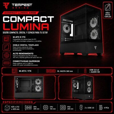 Tempest Compact Lumina ARGB M-ATX Verre Trempé USB 3.0 Noir - Publicité Tempest Compact Lumina ARGB M-ATX Verre Trempé USB 3.0 Noir - Publicité
