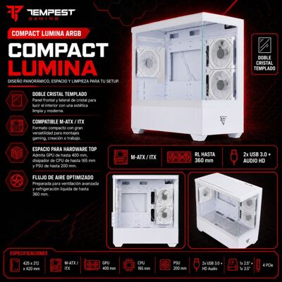 Tempest Compact Lumina ARGB M-ATX Verre Trempé USB 3.0 Blanc - Publicité Tempest Compact Lumina ARGB M-ATX Verre Trempé USB 3.0 Blanc - Publicité