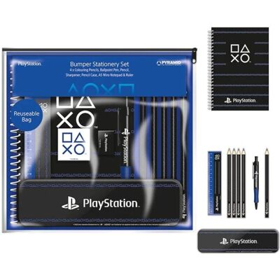 Pack de papeterie Pyramid PlayStation 5 : crayons, stylo, règle, taille-crayon, gomme, trousse, carnet - Publicité Pack de papeterie Pyramid PlayStation 5 : crayons, stylo, règle, taille-crayon, gomme, trousse, carnet - Publicité
