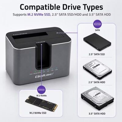 Station d'accueil Qoltec HDD/SSD 2,5" 3,5" M.2 USB-C Noir polymère - Publicité Station d'accueil Qoltec HDD/SSD 2,5" 3,5" M.2 USB-C Noir polymère - Publicité