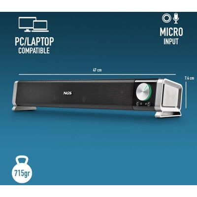 Barre de son compacte sans fil USB Bluetooth 20 W NGS avec microphone et prise jack 3,5 mm - Publicité Barre de son compacte sans fil USB Bluetooth 20 W NGS avec microphone et prise jack 3,5 mm - Publicité
