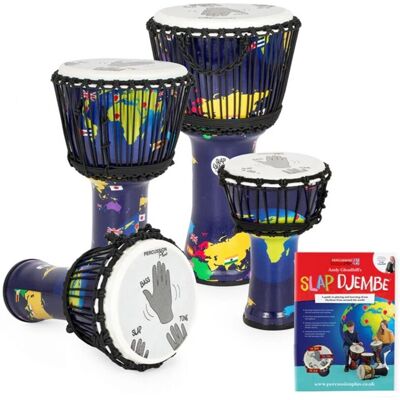 Percussion Plus Slap Djembe Pack Rope Tuned 4 Mixed Player Pack World Map - Publicité Percussion Plus Slap Djembe Pack Rope Tuned 4 Mixed Player Pack World Map - Publicité