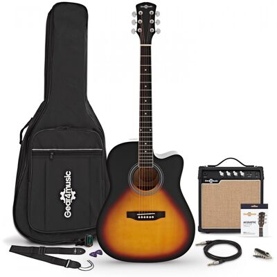 Gear4Music Guitare Électro-Acoustique Dreadnought Pan Coupé Sunburst avec pack Ampli Acoustique 15 W et Accessoires - Publicité Gear4Music Guitare Électro-Acoustique Dreadnought Pan Coupé Sunburst avec pack Ampli Acoustique 15 W et Accessoires - Publicité