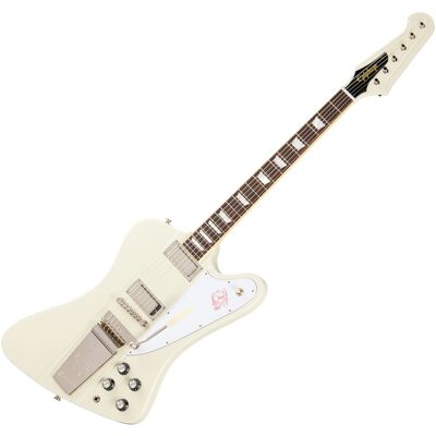 Epiphone 1963 Firebird V Maestro Vibrola Reissue Polaris White - Publicité Epiphone 1963 Firebird V Maestro Vibrola Reissue Polaris White - Publicité